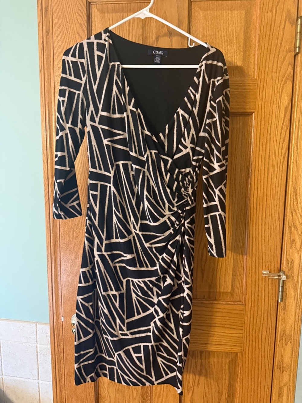 Chaps Black and Cream Geometric Wrap-Style Dress